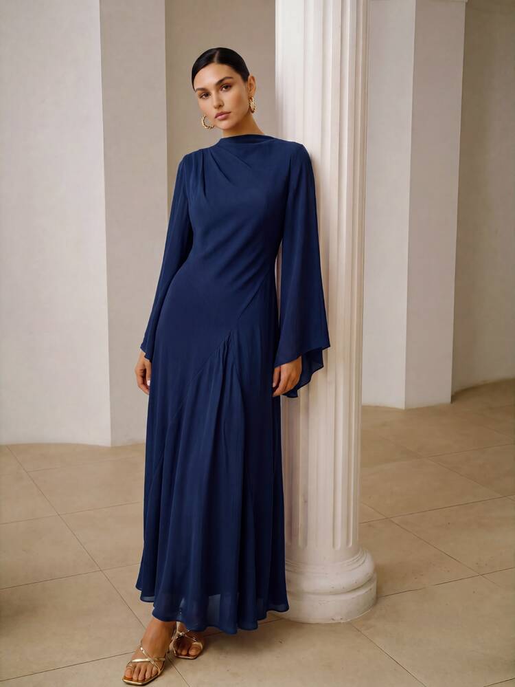 ZEYLAH Asymmetrical Fitted Long Dress With Large Sleeves, Spring - Navy Blue - View 3