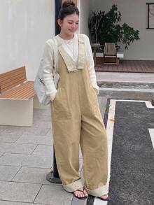 Dazy Plus 深V領條紋織帶拼接無袖長版寬鬆休閒80年代牛仔吊帶褲連身褲 大尺碼女款 秋季外出沙灘駱駝色 - 杏色 - 查看 6