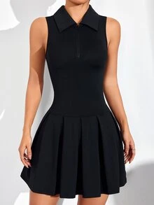 CourtClass CourtClass Women's Casual Solid Color Pleated Hem Sleeveless Sports Dressathletic Dress - Black - View 5