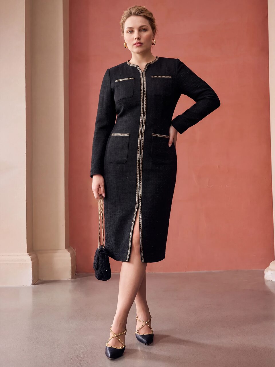 MOTF PLUS SIZE WOMEN'S TWEED ELEGANT FITTED DRESS, AUTUMN/WINTER