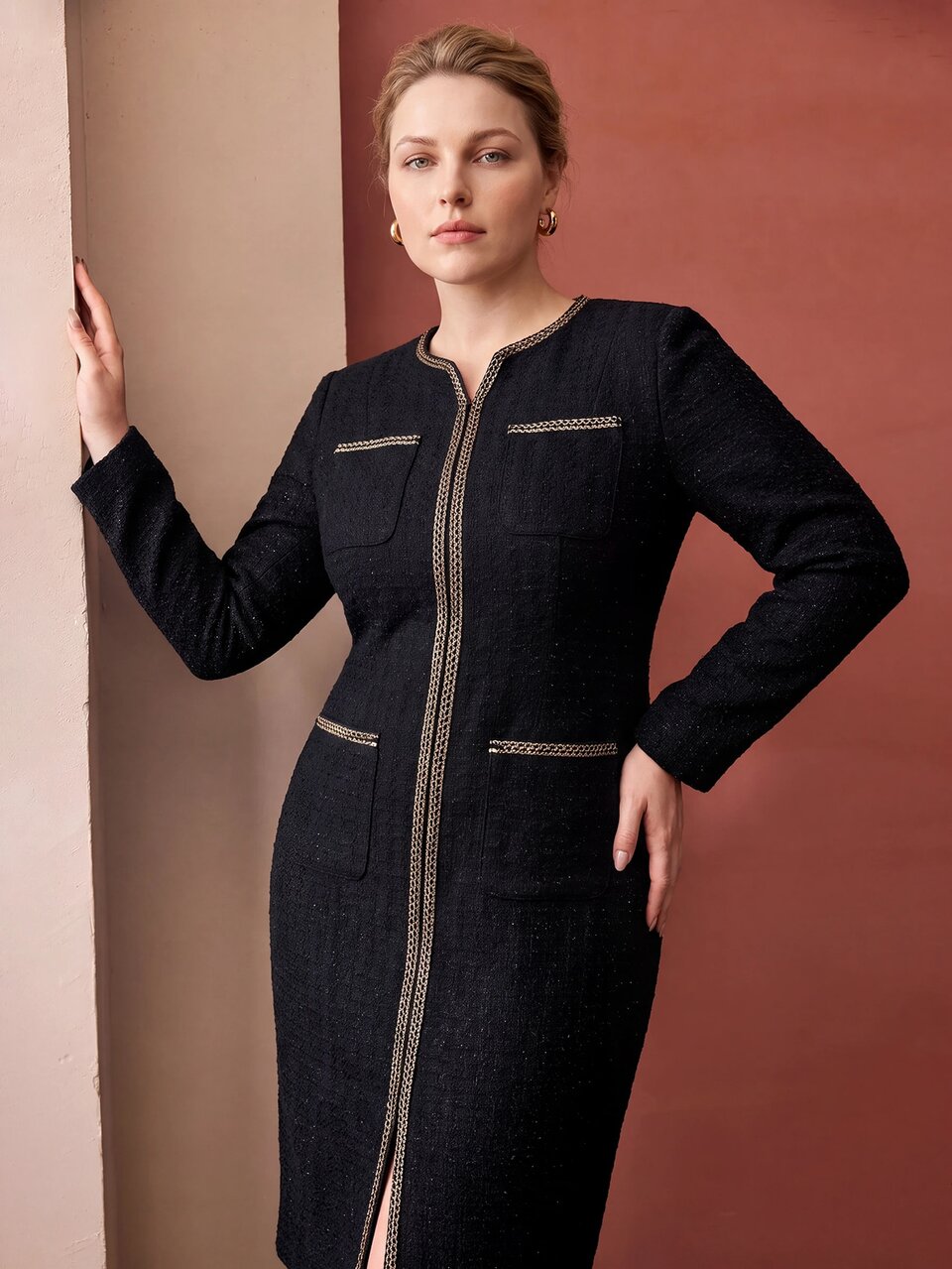 MOTF PLUS SIZE WOMEN'S TWEED ELEGANT FITTED DRESS, AUTUMN/WINTER