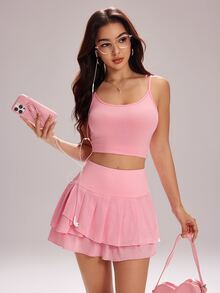 CourtClass CourtClass Women's Solid Color Multi-Layer High Waist Summer Golf Skirt - Pink - View 7