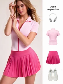 CourtClass CourtClass Women's Short Sleeve Contrast Zipper Top And Pleated Pocket Mini Skirt Tennis Outfit - Multicolor - View 7