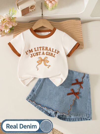 SHEIN Cute Baby Girls Multicolor Round Neck Short Sleeve Letter Embroidered Tee With Scallop Trim Shorts Co-Ord Set