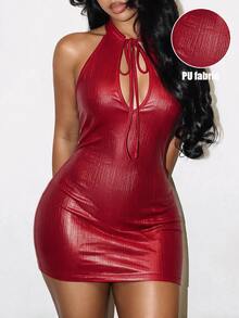 BamGleam Women's Solid Color Sexy Date Club Night Out Party Halter Neck Dress Halloween Dark Red Summer - Red - View 2