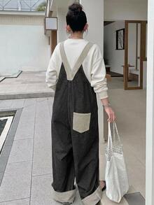Dazy Plus Deep V-Neck Striped Trim Sleeveless Long Loose Casual Denim Overalls And Jumpsuit Plus Size Women Spring Summer Autumn - Grey - View 2