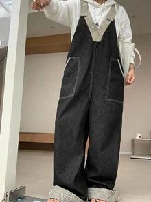 Dazy Plus Deep V-Neck Striped Trim Sleeveless Long Loose Casual Denim Overalls And Jumpsuit Plus Size Women Spring Summer Autumn - Grey - View 6