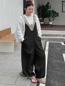 Dazy Plus Deep V-Neck Striped Trim Sleeveless Long Loose Casual Denim Overalls And Jumpsuit Plus Size Women Spring Summer Autumn - Grey - View 3