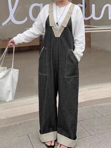 Dazy Plus Deep V-Neck Striped Trim Sleeveless Long Loose Casual Denim Overalls And Jumpsuit Plus Size Women Spring Summer Autumn - Grey - View 5
