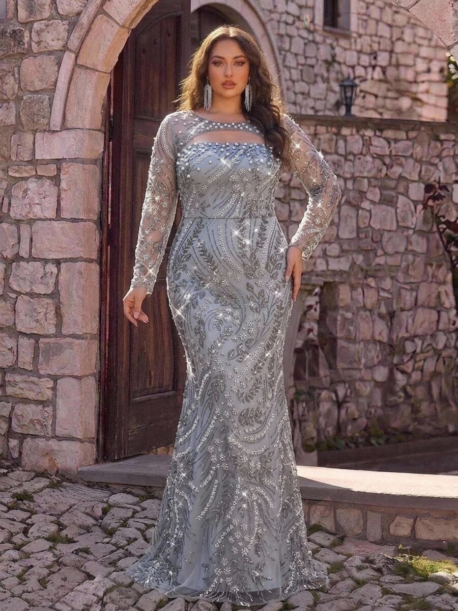 Glamrae Plus Size Elegant Romantic Round Neck Luxury Embroidered Beaded Sheer Long Sleeve Sequins Sequins Inlaid Fitted Bodycon Mermaid Tail Train Evening Gown For Wedding Party Celebration Formal Event Heavy Work Design - Light Grey - View 1