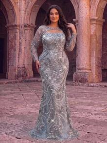Glamrae Plus Size Elegant Romantic Round Neck Luxury Embroidered Beaded Sheer Long Sleeve Sequins Sequins Inlaid Fitted Bodycon Mermaid Tail Train Evening Gown For Wedding Party Celebration Formal Event Heavy Work Design - Light Grey - View 3