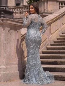 Glamrae Plus Size Elegant Romantic Round Neck Luxury Embroidered Beaded Sheer Long Sleeve Sequins Sequins Inlaid Fitted Bodycon Mermaid Tail Train Evening Gown For Wedding Party Celebration Formal Event Heavy Work Design - Light Grey - View 4