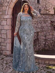 Glamrae Plus Size Elegant Romantic Round Neck Luxury Embroidered Beaded Sheer Long Sleeve Sequins Sequins Inlaid Fitted Bodycon Mermaid Tail Train Evening Gown For Wedding Party Celebration Formal Event Heavy Work Design - Light Grey - View 6