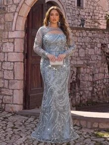 Glamrae Plus Size Elegant Romantic Round Neck Luxury Embroidered Beaded Sheer Long Sleeve Sequins Sequins Inlaid Fitted Bodycon Mermaid Tail Train Evening Gown For Wedding Party Celebration Formal Event Heavy Work Design - Light Grey - View 7