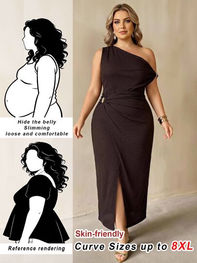 SHEIN CURVE+ Plus Size Women 5XL Brown Fitted Asymmetric Neck Metal Decor Waist-Cinched Bodycon Long Dress, Elegant Commute, Office Wear, Siren Style High-End Party Outfit, Metal Buckle Decor Wrap-Around Long Skirt, Autumn/Winter New