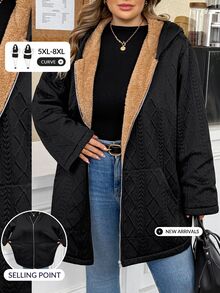 SHEIN CURVE+ Plus Size Women Solid Color Thermal Lined Casual Versatile Long Sleeve Jacket Winter - Black - View 10