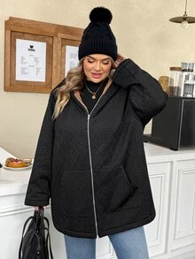 SHEIN CURVE+ Plus Size Women Solid Color Thermal Lined Casual Versatile Long Sleeve Jacket Winter - Black - View 9