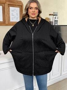 SHEIN CURVE+ Plus Size Women Solid Color Thermal Lined Casual Versatile Long Sleeve Jacket Winter - Black - View 3