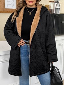SHEIN CURVE+ Plus Size Women Solid Color Thermal Lined Casual Versatile Long Sleeve Jacket Winter - Black - View 5