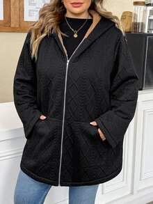 SHEIN CURVE+ Plus Size Women Solid Color Thermal Lined Casual Versatile Long Sleeve Jacket Winter - Black - View 6