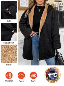 SHEIN CURVE+ Plus Size Women Solid Color Thermal Lined Casual Versatile Long Sleeve Jacket Winter - Black - View 1