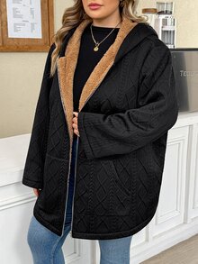 SHEIN CURVE+ Plus Size Women Solid Color Thermal Lined Casual Versatile Long Sleeve Jacket Winter - Black - View 4