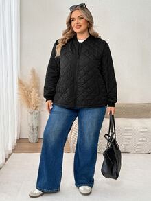 SHEIN CURVE+ جاكيت بيسبول كاجوال أسود بأكمام طويلة وسحاب للمقاسات الكبيرة، معطف تنقل خريفي مبطن ودافئ بتصميم بسيط - الأسود - مشاهدة 5