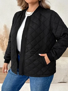 SHEIN CURVE+ جاكيت بيسبول كاجوال أسود بأكمام طويلة وسحاب للمقاسات الكبيرة، معطف تنقل خريفي مبطن ودافئ بتصميم بسيط - الأسود - مشاهدة 7