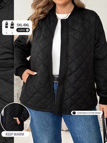 SHEIN CURVE+ جاكيت بيسبول كاجوال أسود بأكمام طويلة وسحاب للمقاسات الكبيرة، معطف تنقل خريفي مبطن ودافئ بتصميم بسيط - الأسود - مشاهدة 9