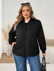 SHEIN CURVE+ جاكيت بيسبول كاجوال أسود بأكمام طويلة وسحاب للمقاسات الكبيرة، معطف تنقل خريفي مبطن ودافئ بتصميم بسيط - الأسود - مشاهدة 6