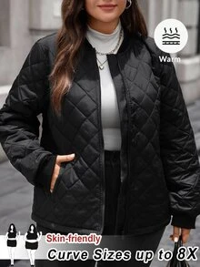 SHEIN CURVE+ جاكيت بيسبول كاجوال أسود بأكمام طويلة وسحاب للمقاسات الكبيرة، معطف تنقل خريفي مبطن ودافئ بتصميم بسيط - الأسود - مشاهدة 10