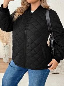 SHEIN CURVE+ جاكيت بيسبول كاجوال أسود بأكمام طويلة وسحاب للمقاسات الكبيرة، معطف تنقل خريفي مبطن ودافئ بتصميم بسيط - الأسود - مشاهدة 3