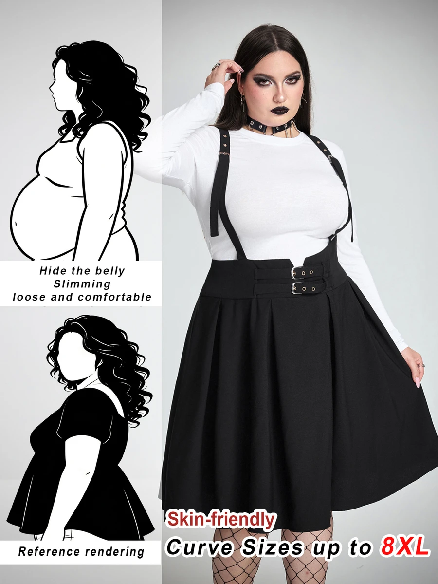 SHEIN CURVE+ فستان تانك أسود مقاس كبير بخصر عالي مع إبزيم حزام مزدوج وتجاعيد، أحزمة ظهر متقاطعة قابلة للتعديل، فستان قصير نحيف لحفلة هالوين، مناسب للخريف - الأسود - مشاهدة 1
