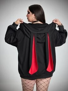 SHEIN CURVE+ Plus Size Women's Rabbit Ear Hoodie Jacket, Solid Color Loose Fit With Pockets, Halloween Autumn Cocktail Party Black Gothic Anti Social Elegant - Black - View 2