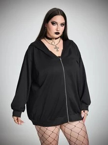 SHEIN CURVE+ Plus Size Women's Rabbit Ear Hoodie Jacket, Solid Color Loose Fit With Pockets, Halloween Autumn Cocktail Party Black Gothic Anti Social Elegant - Black - View 3