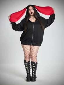 SHEIN CURVE+ Plus Size Women's Rabbit Ear Hoodie Jacket, Solid Color Loose Fit With Pockets, Halloween Autumn Cocktail Party Black Gothic Anti Social Elegant - Black - View 5
