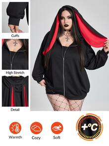 SHEIN CURVE+ Plus Size Women's Rabbit Ear Hoodie Jacket, Solid Color Loose Fit With Pockets, Halloween Autumn Cocktail Party Black Gothic Anti Social Elegant - Black - View 1