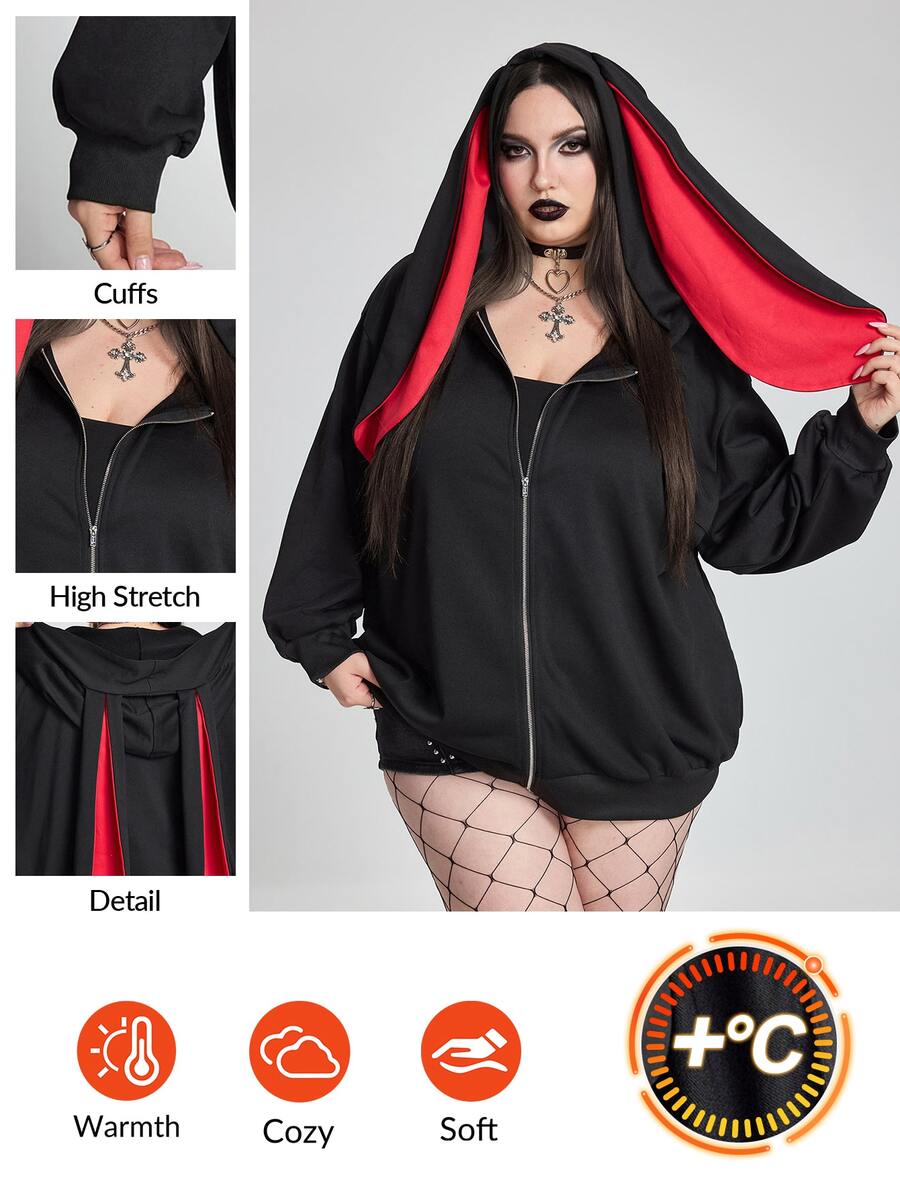 SHEIN CURVE+ Plus Size Women's Rabbit Ear Hoodie Jacket, Solid Color Loose Fit With Pockets, Halloween Autumn Cocktail Party Black Gothic Anti Social Elegant - Black - View 1