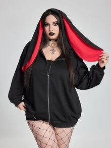 SHEIN CURVE+ Plus Size Women's Rabbit Ear Hoodie Jacket, Solid Color Loose Fit With Pockets, Halloween Autumn Cocktail Party Black Gothic Anti Social Elegant - Black - View 6