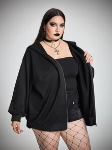 SHEIN CURVE+ Plus Size Women's Rabbit Ear Hoodie Jacket, Solid Color Loose Fit With Pockets, Halloween Autumn Cocktail Party Black Gothic Anti Social Elegant - Black - View 8