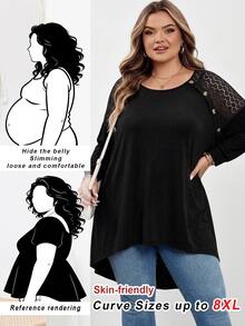 SHEIN CURVE+ Plus Size Loose Bat Wing Hem Asymmetrical Hem Front Short Back Long T-Shirt, Crew Neck, Solid Color, Fall - Black - View 2