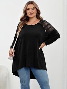 SHEIN CURVE+ Plus Size Loose Bat Wing Hem Asymmetrical Hem Front Short Back Long T-Shirt, Crew Neck, Solid Color, Fall - Black - View 7
