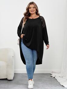 SHEIN CURVE+ Plus Size Loose Bat Wing Hem Asymmetrical Hem Front Short Back Long T-Shirt, Crew Neck, Solid Color, Fall - Black - View 4