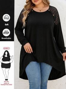 SHEIN CURVE+ Plus Size Loose Bat Wing Hem Asymmetrical Hem Front Short Back Long T-Shirt, Crew Neck, Solid Color, Fall - Black - View 8