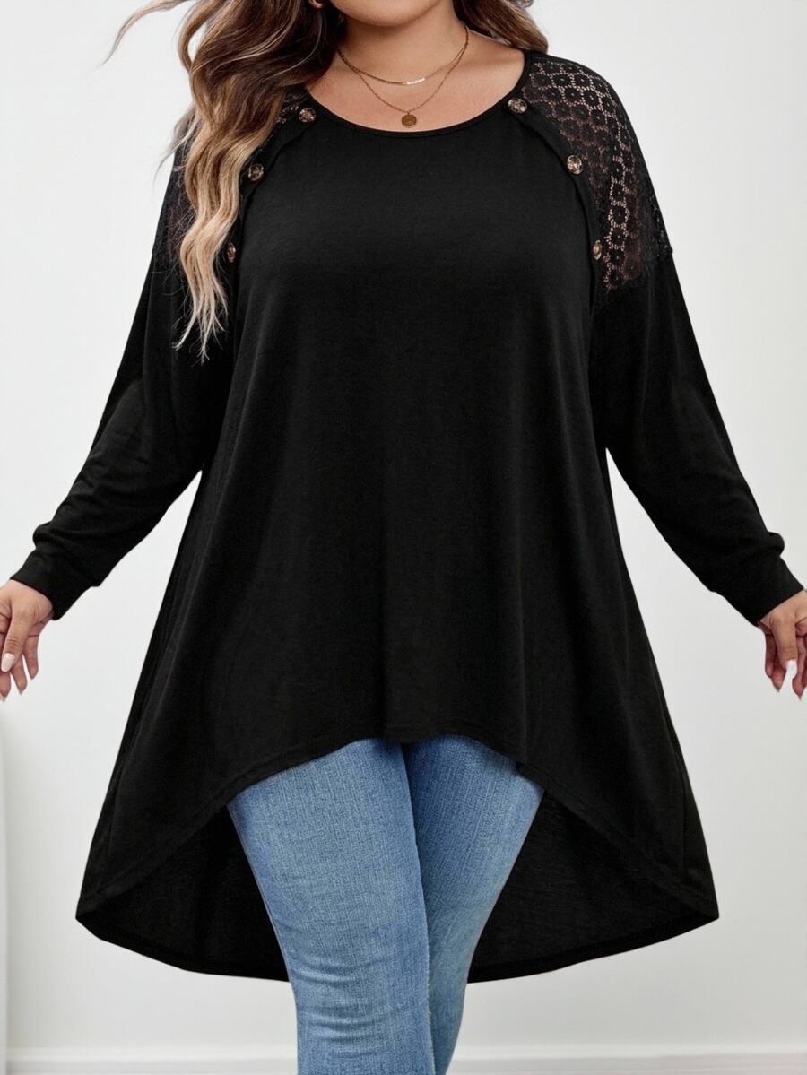 SHEIN CURVE+ Plus Size Loose Bat Wing Hem Asymmetrical Hem Front Short Back Long T-Shirt, Crew Neck, Solid Color, Fall - Black - View 1