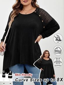 SHEIN CURVE+ Plus Size Loose Bat Wing Hem Asymmetrical Hem Front Short Back Long T-Shirt, Crew Neck, Solid Color, Fall - Black - View 9