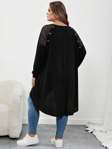 SHEIN CURVE+ Plus Size Loose Bat Wing Hem Asymmetrical Hem Front Short Back Long T-Shirt, Crew Neck, Solid Color, Fall - Black - View 3