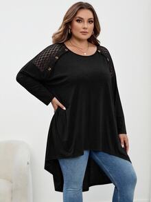 SHEIN CURVE+ Plus Size Loose Bat Wing Hem Asymmetrical Hem Front Short Back Long T-Shirt, Crew Neck, Solid Color, Fall - Black - View 6