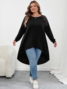 SHEIN CURVE+ Plus Size Loose Bat Wing Hem Asymmetrical Hem Front Short Back Long T-Shirt, Crew Neck, Solid Color, Fall - Black - View 5