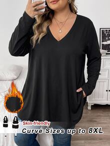 SHEIN CURVE+ Kaos Kasual Lengan Panjang Leher V Warna Polos Ukuran Plus Musim Gugur - Hitam - View 1